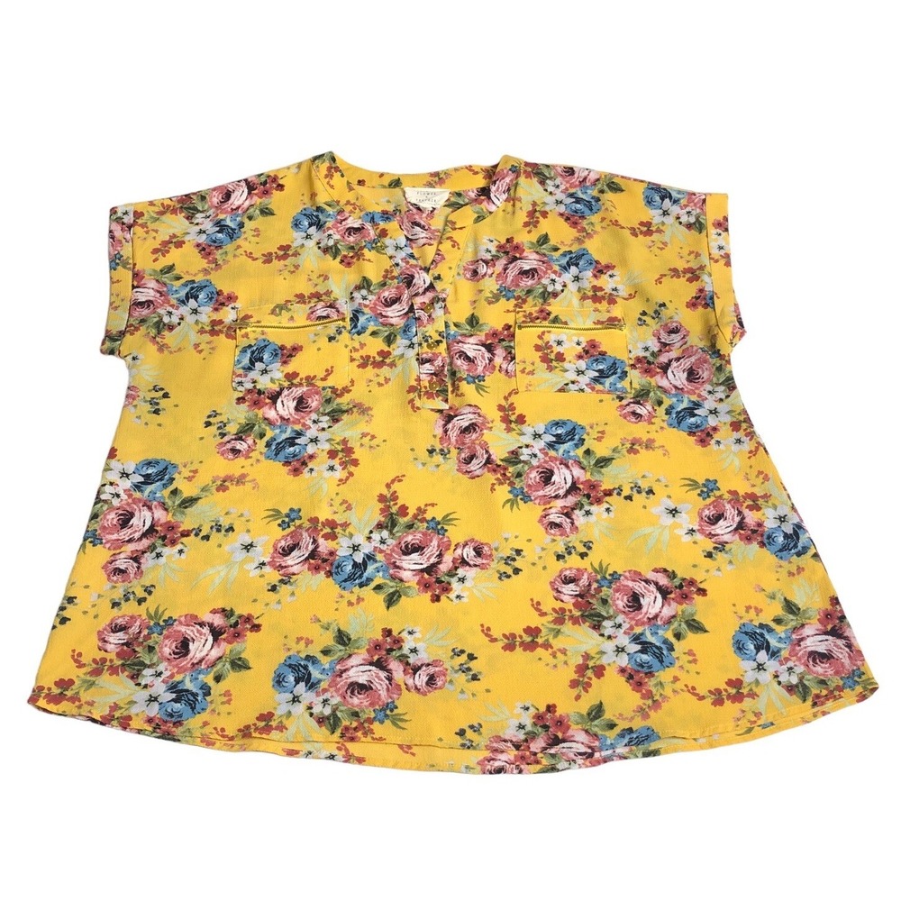 Flower & Feather Floral Popover Top Women 2XL Yellow Split Neck Boho Cottagecore